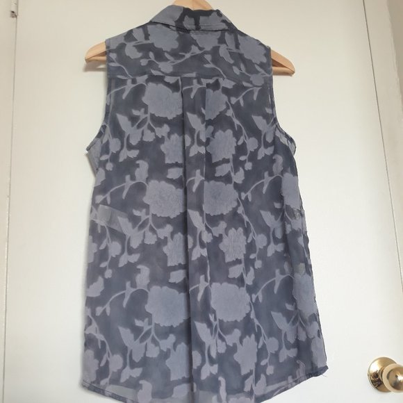Jones New York Sleeveless Shirt, Semi-Sheer with Floral Pattern, Blue, Sz. M - Picture 6 of 10